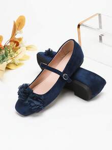 Girl's Suede Retro Elegant Casual Square Toe Flat Shoes, Slip-On Comfortable Versatile Ballerina Flats For Teens & Plus Size, All Season - Blue - View 3