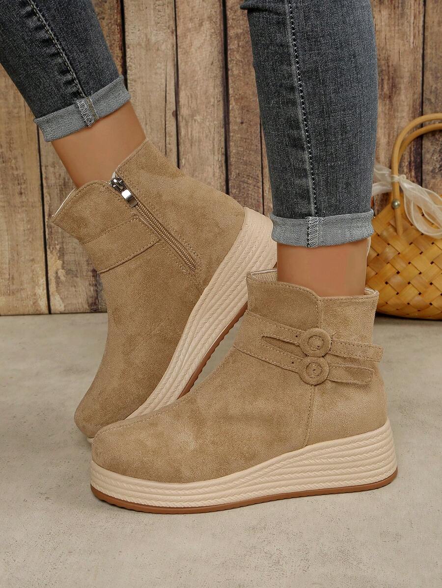 Women's Wedge Ankle Boots, Round Toe Side Zipper Suede Ankle Boots, Comfortable & Versatile