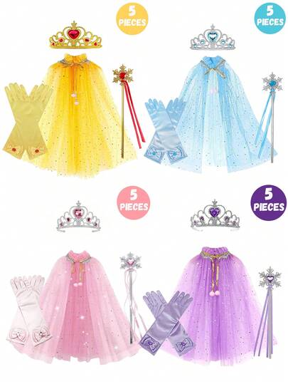 Conjunto de disfraz de princesa de 5 piezas, que incluye corona, varita mágica, guantes y capa, adecuado para que las niñas pequeñas se vistan, juegos de roles, fiestas de disfraces festivos, un regalo ideal para niñas
