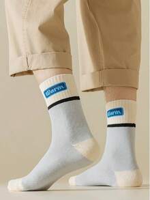 5 Pairs Striped Thickened Towel Padding Crew Socks For Men And Women, Fleece Inside Warm Socks For Autumn And Winter, Cozy Socks