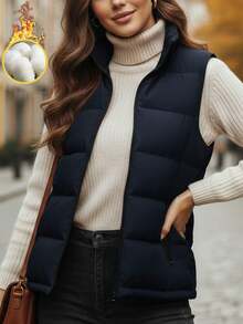 女士羽绒背心无袖拉链外套，秋冬季休闲叠穿外套 - 藏蓝色 - 查看 2