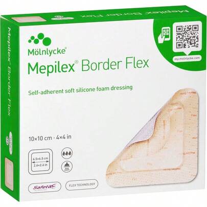 Mepilex Border Flex 10x10cm Box Of 10 Selfadherent Soft Silicone Foam Dressing With Border Designed To Stay On For Several Days To Promote A Moist Wound Healing Environment