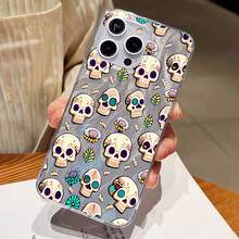 Funda para teléfono con diseño floral de calavera. Estilo divertido. Compatible con teléfonos ,  17,  16 Pro Max,  15 Pro Max,  13 y  12. Fabricada en TPU, ofrece protección contra golpes y caídas. Un regalo ideal para familiares, amigos, parejas y para Halloween. - transparente - Ver 3