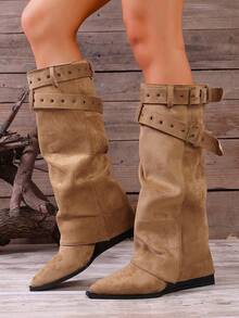 Khaki Suede Pointed Toe Wedge Heel Belted Tall Boots For Women, Slim Leg Design