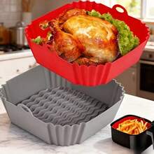 Two-Piece Square Silicone Air Fryer Pad - 8-Inch Reusable Air Fryer - Air Fryer Accessories - Air Fryer Pad Suitable For 4 To 7 Quart Microwave Oven Accessories (Red + Gray) - Đỏ + Xám - Xem 3