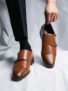 Men's Premium Monk Strap Slip-On Dress Loafers - Comfortable Leather-Like, Versatile For Business & Casual,Higher Quality! - 巧克力棕 - 查看 10