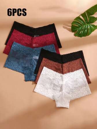 6pcs Women Seamless Sexy Lace Underwear, Breathable Low Waist Briefs