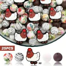 25颗鸡/公鸡系列硅胶珠套装 - 多种颜色和图案 | 可爱设计 | 光滑表面 - 非常适合DIY手工制作钥匙扣、项链、手链、装饰笔、珠宝和吊坠 - 小雞公雞系列 - 查看 11