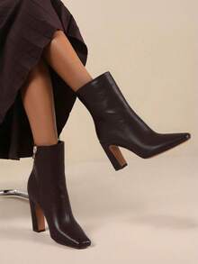Women's Square Toe Ankle Boots Fashion Solid Block Chunky High Heels Side Zipper Party Dress Boots Woman - Màu nâu Sô-cô-la - Xem 1