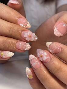 24片短款椭圆形3D凝胶美甲贴纸，打造珍珠花朵美甲，法式亚克力按压式美甲，短款完美贴合假指甲套装，包含：1片果冻凝胶和1个指甲锉，易于佩戴，法式美甲贴纸适合女性和女孩日常、派对和其他场合。 - 彩色 - 查看 8