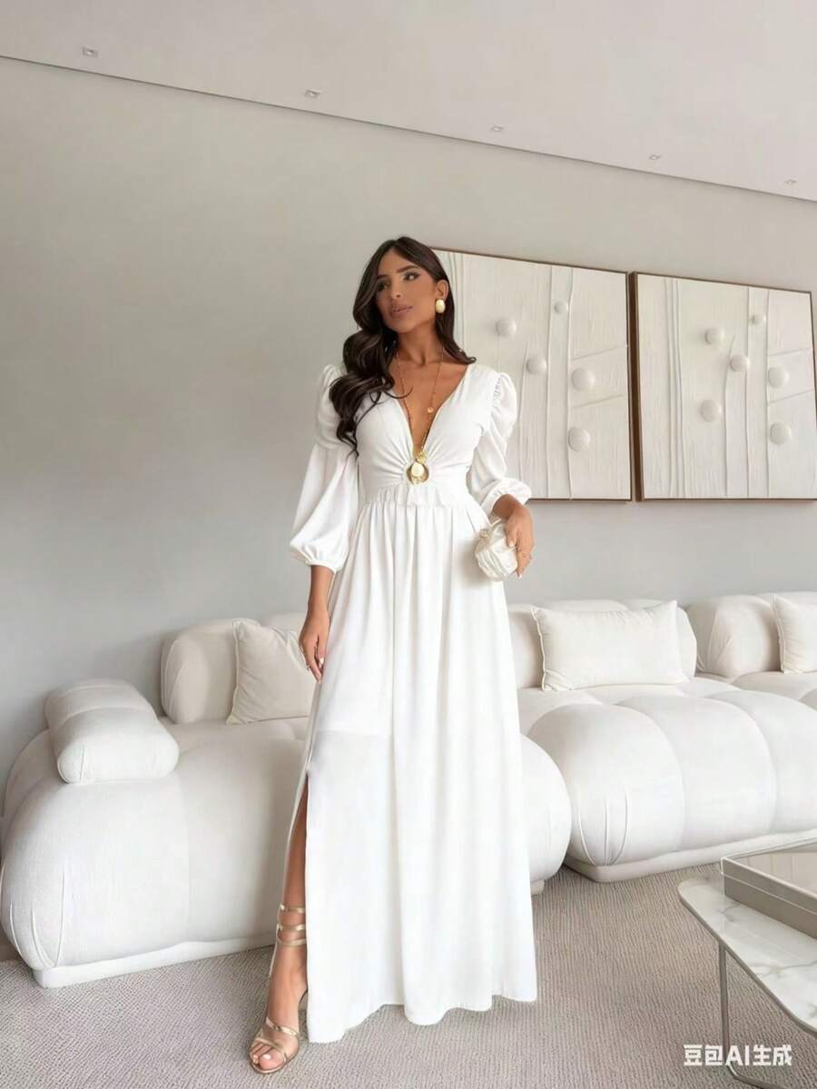 Women's Chiffon Dress With A V-Neck, Lining, Rings, And Cords At The Back. - White - View 1