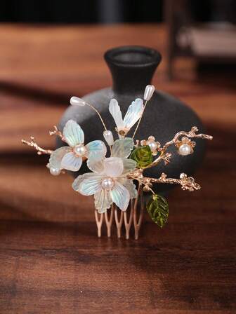 1pc Chinese Style Floral Hairpin Headpiece, 3D Flower Hair Comb Headdress, Elegant Bridal Hair Accessory
