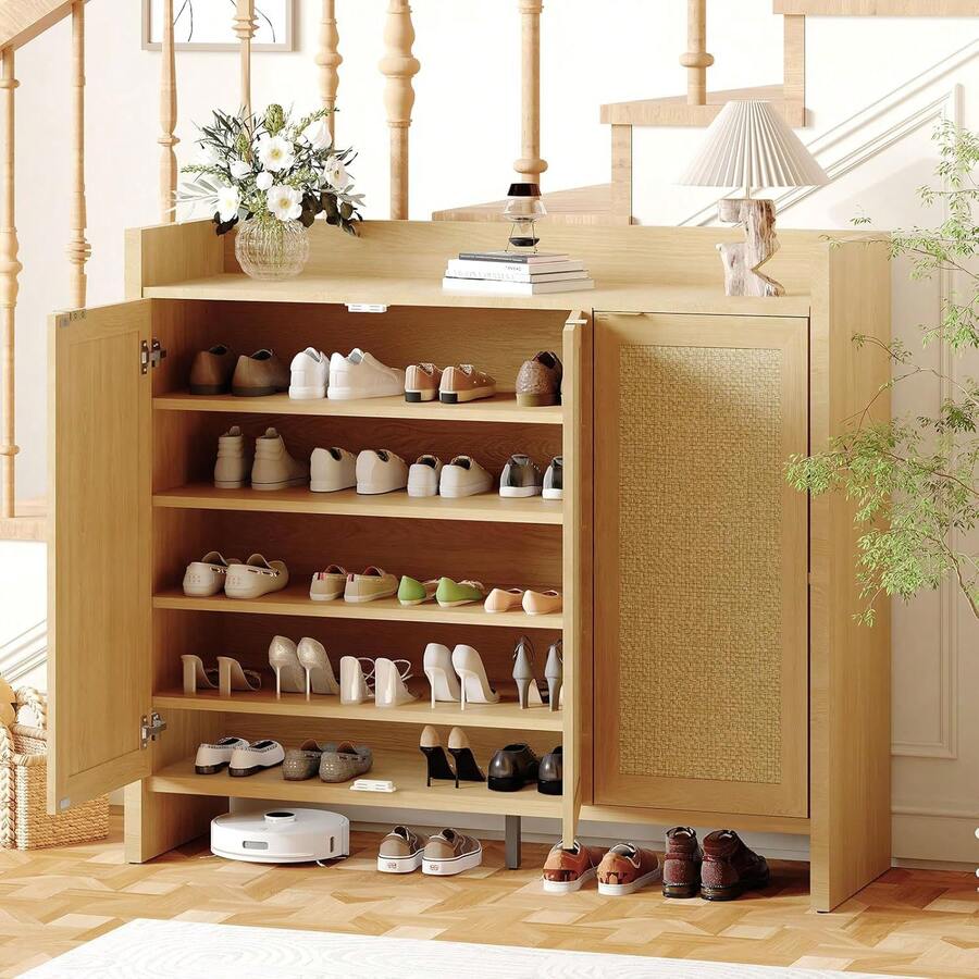 Rattan Shoe Storage Cabinet, 41in Tall Large Farmhouse Entryway Shoe Rack Organizer Cabinet With Doors And Adjustable For Hallway Living Room, Dark Oak - gỗ sồi nhạt - Xem 1
