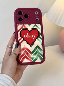 1pc Red TPU Material Christmas Polka Dot Heart Text Pattern Phone Case Compatible With IPhone 17/17promax/17pro/Air/13/16E/16promax/16/15/14/12promax/13promax/11pro/14pro/15pro/12/7plus, Fashionable Protective Soft Case, Personalized Pattern Design, Unisex
