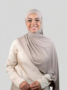1pc Women's Simple Classic Solid Color Elegant Casual Edged Scarf, Premium Knit Fabric Viscose Jersey Hijabs Scarf, Long Turban Style Headscarf, Suitable For Daily Life, Outings And Gatherings - Light Beige - View 3