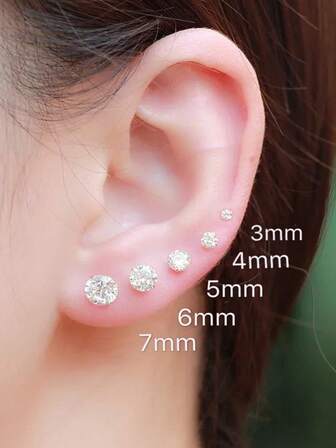 1 Pair Simple Silver-Tone Four-Claw Stud Earrings, Elegant Korean Style Luxury Earrings For Women, Suitable For Pierced Ears