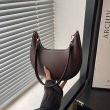 1pc PU Solid Color Zipper Crescent Underarm Bag, Fashionable Retro Shoulder Bag, Suitable For Office Ladies, Versatile Use - Coffee - View 2