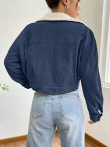 Chaqueta informal de pana de manga larga de color liso para otoño e invierno para mujer,Chaqueta con solapa y hombros caídos,chaqueta peluda de un solo pecho - Azul - Ver 2