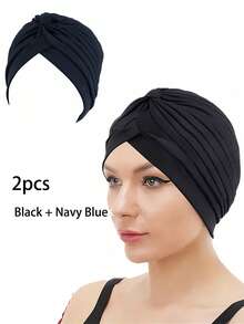 纯色头巾帽 - 褶皱头巾，弹性额头交叉化疗帽，女士休闲头巾