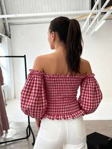 Red & White Plaid Puff Sleeve Tie Cuff Ruffle Hem Halter Women Blouse - Red and White - View 5