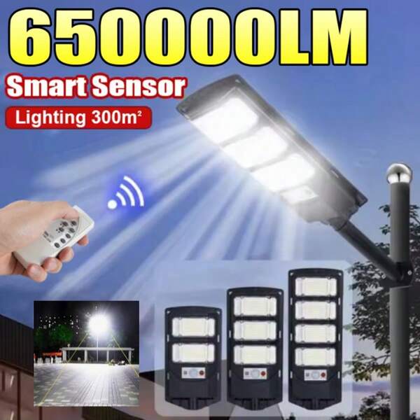 650 000 lm Super Lumineux Éclairage Solaire LED Haute Puissance Étanche à l'Extérieur avec Détecteur de Mouvement et Télécommande, Éclairage de Jardin, Rues, Parkings, Éclairage Commercial de l'Aube au Crépuscule