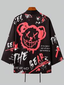 Men's Street Style Graffiti Letter Print Open Front Kimono Long Sleeve Casual Shirt, Machine Washable Polyester Fabric