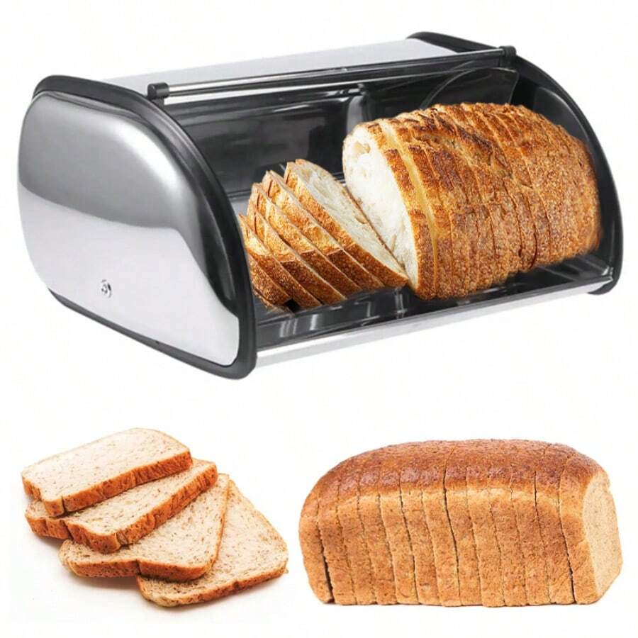 Stainless Steel Roll Top Lid Bread Bin Loaf Box Kitchen Food Storage Silver - Silver - View 1