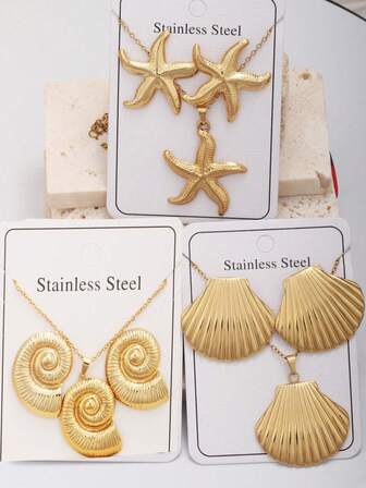 1 Set Women Stainless Steel Starfish, Shell, Spiral Earrings & Necklace Jewelry Set, Casual Beach Holiday Gift, Personalized Jewelry Set