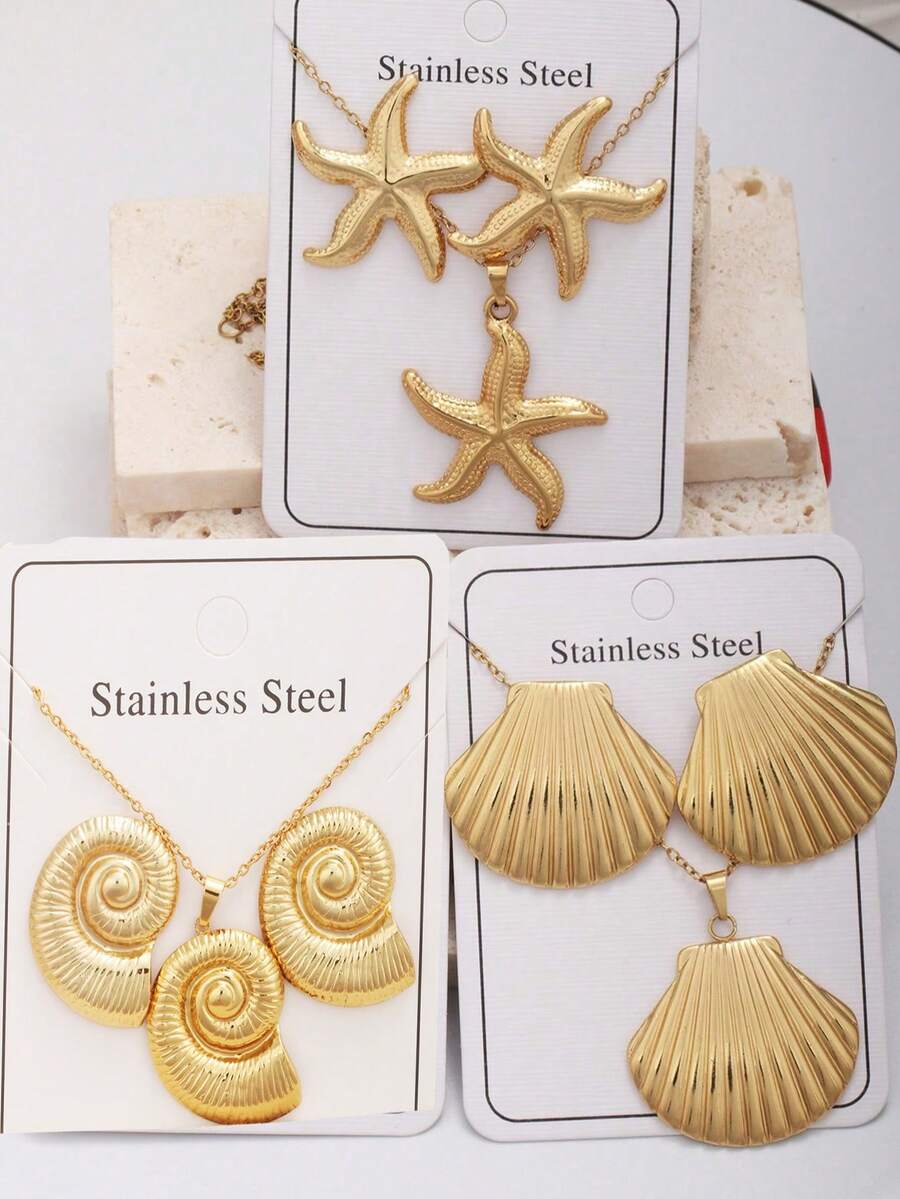 1 Bộ trang sức sao biển, vỏ sò, hoa tai xoắn ốc và vòng cổ bằng thép không gỉ cho nữ, quà tặng ngày lễ bãi biển thông thường, bộ trang sức cá nhân hóa - Loạt bài về sinh vật biển - Xem 1