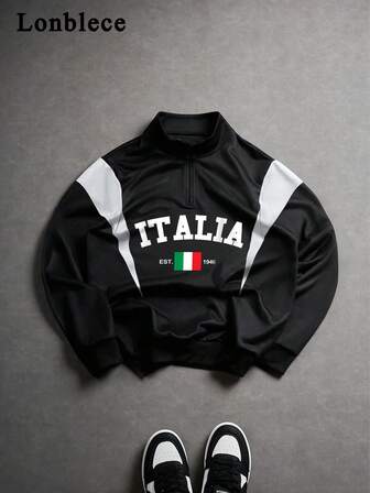 Lonblece 1 pièce Sweat-shirt-shirt décontracté pour homme avec demi-zip, patchwork noir et blanc, imprimé lettrage et marque "Slow Living", pour un port quotidien pour jeunes