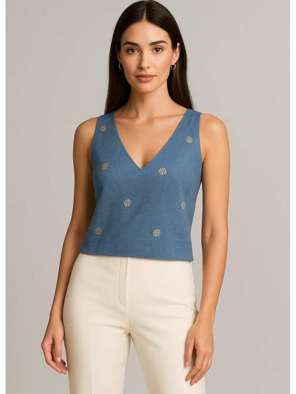 Cropped Feminino em Viscose Bordada – Decote V