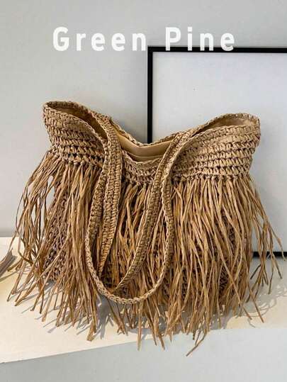 1pc Large Capacity Tassel Woven Bucket Bag, Fashionable Shoulder Tote Bag For Women, Suitable For Daily Commute, Beach Vacation, Leisure Travel