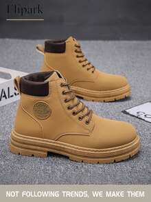 Flipark 1 Pair Vintage Cargo Style Thick Sole Lace-Up Men's Boots, Front Lace-Up, Yellow-Brown Leather, Round Toe High-Top, Suitable For Daily, Outdoor, Commuting, Work Boots