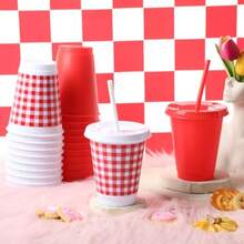 D24 Pcs Gingham Red And White Party Plies Disposable Plastic Cups 16 Oz Picnic Checkered Tumblers For Summer BBQ Pizza Cookout Family Dinner Birthday Party Decoration - đỏ trắng - Xem 4
