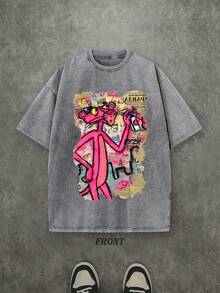 Retro Washed T-Shirt Single-Sided Printed (230 Pure Cotton T-Shirt) 'PANTHER'  Newspaper And Graffiti Pattern Print, Mens TShirt, Mens Shirt Casual, Comfortable, Fashionable T-Shirt, Street Style Cotton - 灰色 - 查看 1