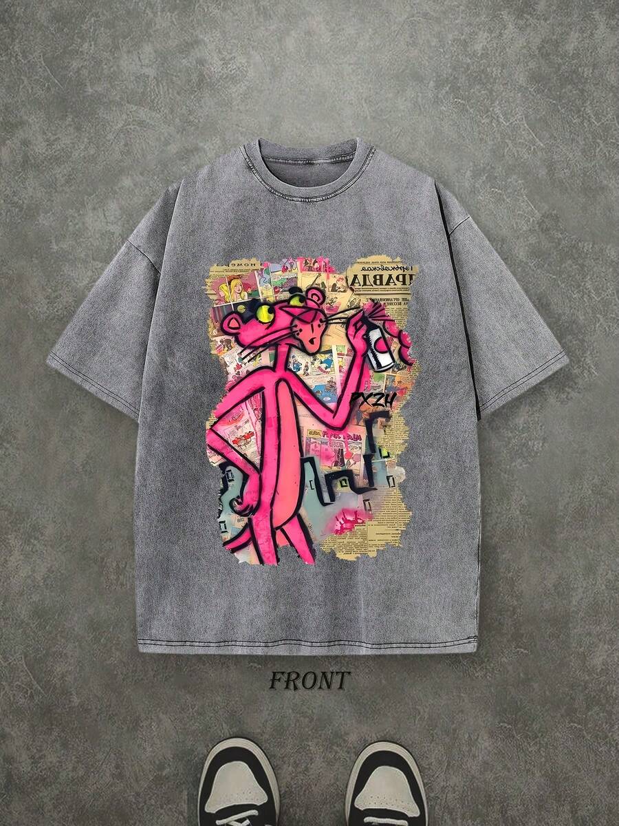 Retro Washed T-Shirt Single-Sided Printed (230 Pure Cotton T-Shirt) 'PANTHER'  Newspaper And Graffiti Pattern Print, Mens TShirt, Mens Shirt Casual, Comfortable, Fashionable T-Shirt, Street Style Cotton - 灰色 - 查看 1