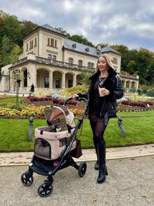 4 轮可折叠宠物推车，带可拆卸可洗面料和减震轮 - 宽敞的多宠物携带箱，适合小型/中型犬/猫，包括储物篮和轻松一键折叠（适合欧洲旅行）