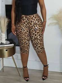 Leopard Print Sequin Casual Streetwear Skinny 7/8 Leggings - Brown - View 5