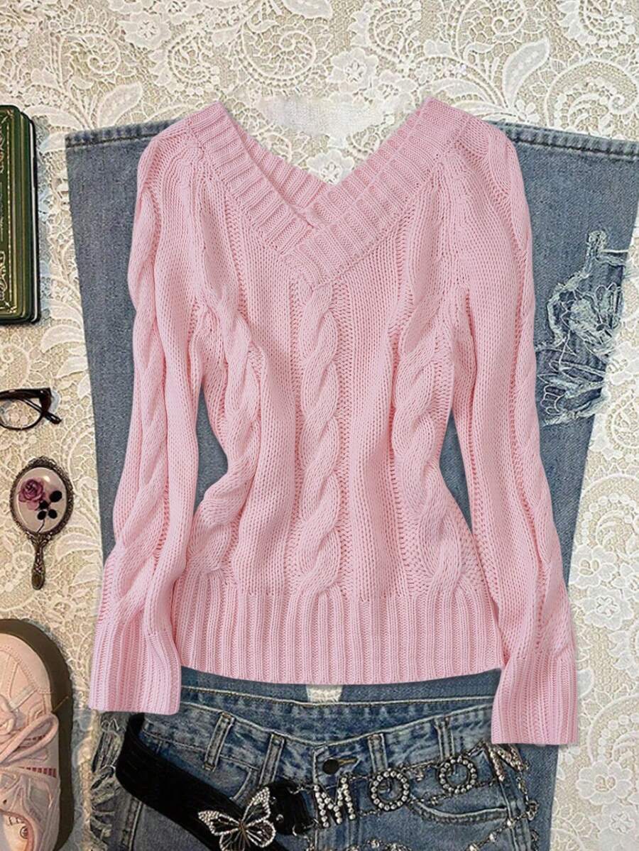 女款露肩長袖套頭針織毛衣，Y2K哥德風性感女裝，百搭柔粉色休閒針織衫，鄉村音樂節、音樂節、聖誕毛衣，春季款 - 粉色 - 查看 1