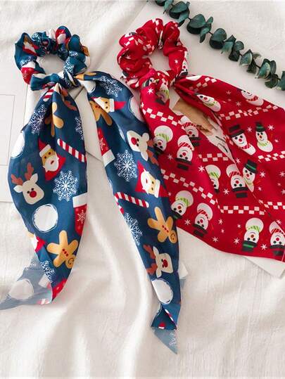 2pcs/Set Women's Multi-Color Santa Claus & Snowman Hair Scrunchies, Christmas Versatile Decorative Ribbon Hair Ties, Elegant Ponytail Holders, Daily Accessories, Holiday Gifts, Suitable For Christmas ,Hair Rope