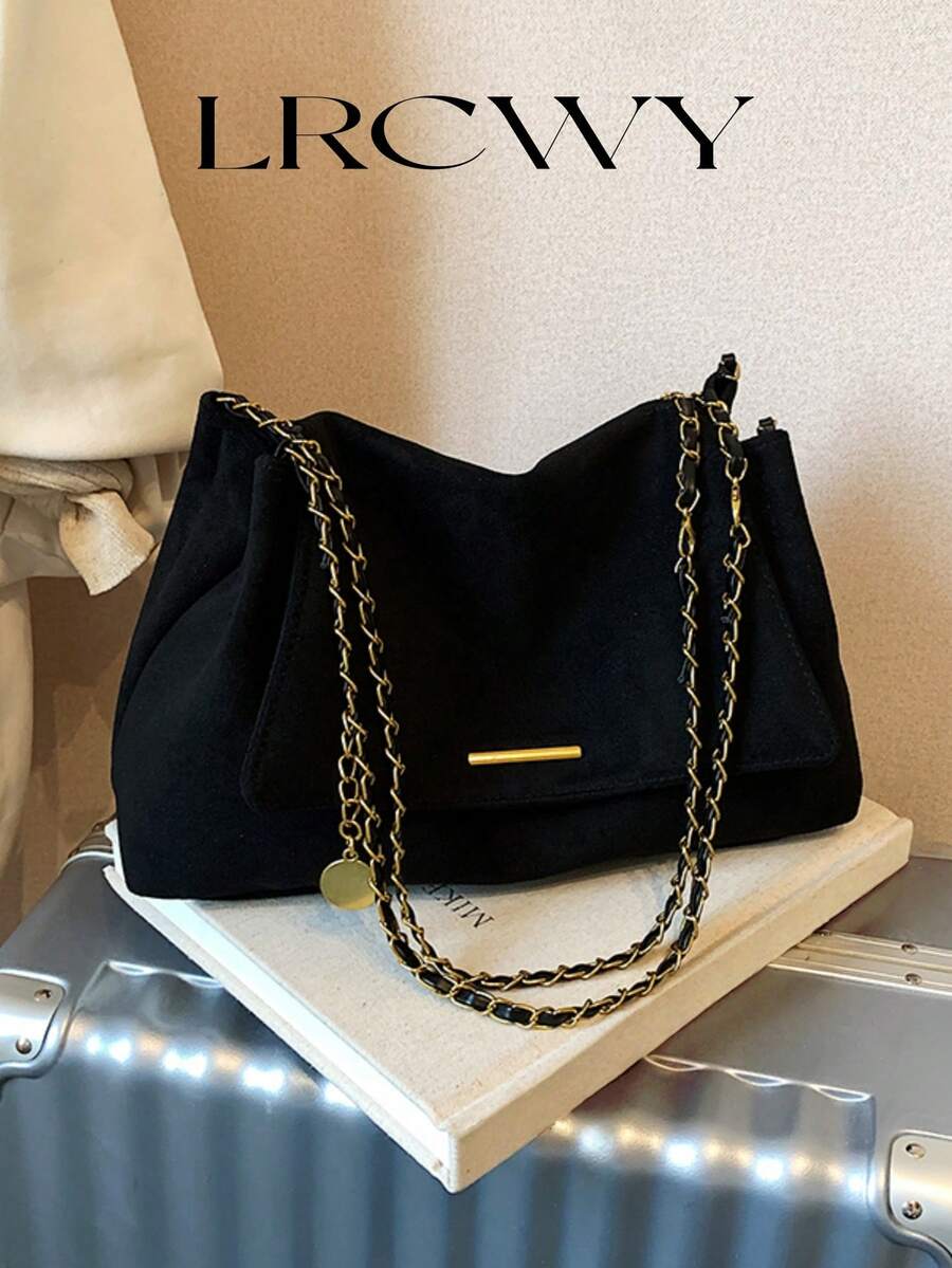 女士单肩包，翻盖软包，仿麂皮绒面哑光PU材质，时尚秋冬优雅复古简约风，金属配件设计，金属链条，适合女性、女孩、大学生，适合购物、通勤，黑色 - 黑色 - 查看 1