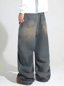 1 chiếc quần jeans ống rộng dáng suông, đa năng, phong cách vintage, hiệu Justice Brother dành cho cặp đôi. - Rửa tối - Xem 2