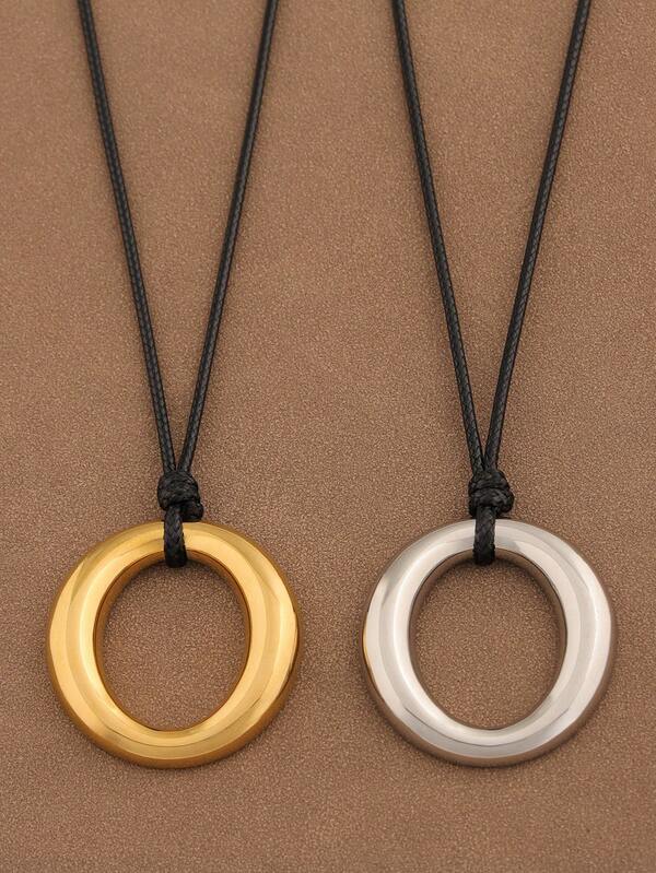 1 Piece Fashionable Stainless Steel Vacuum Casting Open Hollow Round Circle Ring Pendant Wax Rope Necklace Suitable For Women's Daily Wear 28" +2" Extend Chain