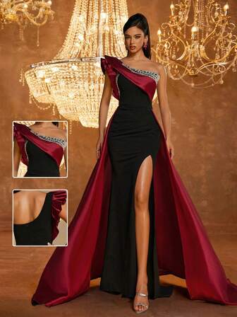 Smilprince Lyxig vinröd och svart asymmetrisk hals med hög slits golvlång balklänning balklänning för kvinnor, formell aftonklänning, elegant klänning, för bröllopsgäster, examen, festklänning