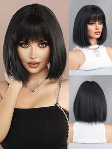 7JHH WIGS 12 Inch Yaki Straight Bob Wig For Women - Modest Fashion Black Short Wig With Bangs, Premium Fluffy Synthetic Fiber Full Machine Hair Wig For Daily Wear, Music Festivals Celebrations & Streetwear Special Use, Party Wigs Accessory - 自然黑 - 查看 2