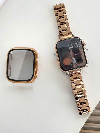 2 件装玫瑰金表带及屏幕保护膜，14mm 宽，纤薄时尚，适合年轻女性。玫瑰金金属表带及屏幕保护膜，可选尺寸：38mm、40mm、41mm、42mm、44mm、45mm、46mm、49mm，防震、防刮、防尘，兼容 Ultra3/2/1 SE/S10/S9/S8/S7/S6/S5/S4/S3/S2/S1 等机型。