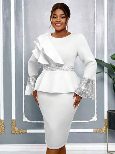 AOMEI Plus Size Women Ruffle Flare Sleeve Sequin Embellished Round Neck Party Bodycon Dress, Long Sleeve Cocktail Semi Formal Dress, For Birthday, Graduation Dress Wedding Guest Dinner, Homecoming