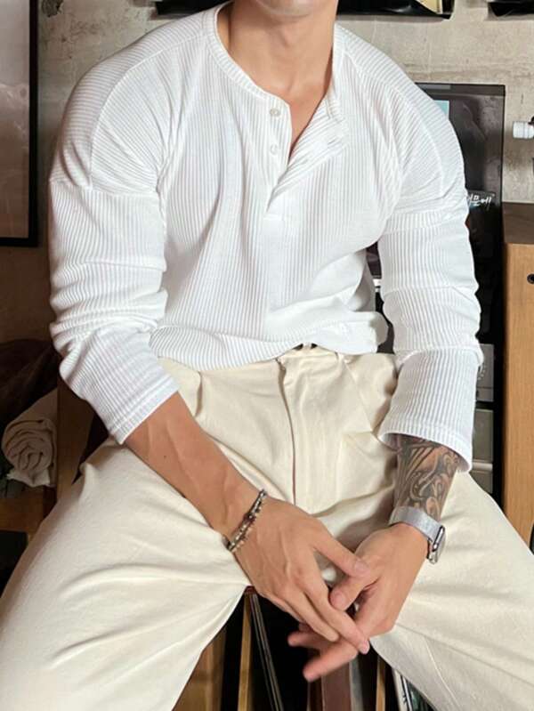 Men's Casual Lightweight Elastic Ribbed Henley Neck Long Sleeve Shirt, Suitable For Daily, Outdoor, Vacation Wear, Fall