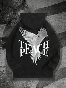 Zrgoth 男士“和平”翅膀图案抓绒连帽衫，秋冬街头风 - 黑色 - 查看 7