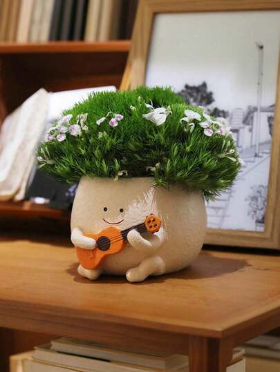 1pc Cute Guitar Figurine In A Green Plant Pot With Adorable Hand-Painted Details - A Healing-Style Home Decoration Suitable For Young People's Desks Or Rental Apartments. It Conveys A Fun Lifestyle Aesthetic And Serves As A Creative Gift For Birthdays, Plant Enthusiasts, Or As A Desktop Decoration. A Cute Home Ornament And Gardening Accessory.